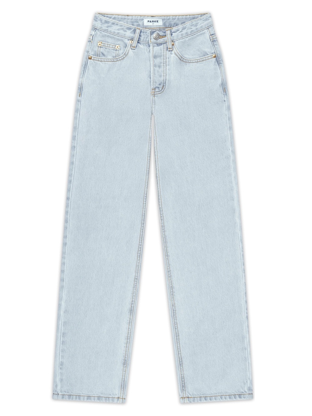 PARKE Button Fly Light Blue Straight-Leg Jeans w Raw Edge Frayed Hem